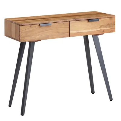 Produktbild von WOHNLING Konsolentisch 90 x 78 x 36 cm Akazie Massivholz / Metall Konsole mit Schubladen Kleiner Schreibtisch mit Metallbeinen Schminktisch Anrichte
