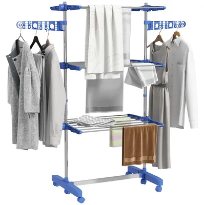 Zdjęcie produktu dla Susz do ubrań, suszarka. 4 poziomy, składany, system One-Click, 142 cm x 55 cm x 152 cm Niebieski + Srebrny