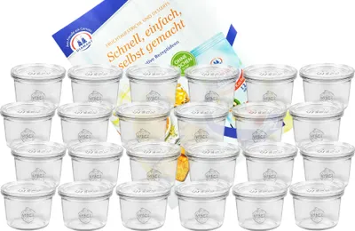 Produktbild von 24er Set Weck Gläser 80ml Sturzgläser mit 24 Glasdeckeln inkl. Diamant Gelierzauber Rezeptheft