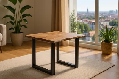 Produktbild von Esstisch Baumkante massiv Akazie stonefarben 90 x 90 cm schwarz LAURINA