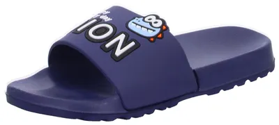Produktbild von Blaue Badepantoletten aus Gummi, wasserabweisend, mit unterschiedlich verzierten Riemen