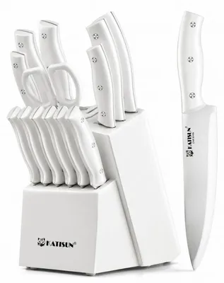 Immagine prodotto di Set di coltelli da cucina da 15 pezzi con base porta coltelli bianca, funzione di affilatura automatica e coltelli in acciaio inossidabile con manici ergonomici