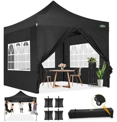 Image de Pavillon d'extérieur 3x3 mètres, imperméable, stable, résistant à l'hiver, avec 4 panneaux latéraux, sacs de sable et sac de transport à roulettes, de couleur noire