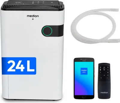Produktbild von MEDION DH30S Luftentfeuchter elektrisch (smart, bis zu 150m³ (40m²), 24Liter/24h, 43db leise, elektrischer Raumentfeuchter, Timer, Bodenrollen, Entfeuchter)