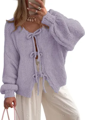 Produktbild von ASKSA Damen Strickjacke Schleife Vorne Strick Cardigan Strickpullover Puffaermel Herbst Winter Open Front Pullover Locker Outwear (Violett,M)