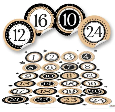 Produktbild von Adventskalender Zahlen Aufkleber 1 - 24 zum Basteln 4 cm schwarz weiß gold