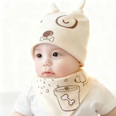 Produktbild von Babymütze, Schal, Wärmer, Ohrenklappen, Baumwolle, Frühlingshaube, Herbstmütze für 3–6 Monate, Jungen und Mädchen, Beige-Set