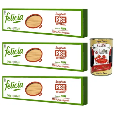 Produktbild von Felicia Spaghetti di Riso Integrale, Pasta mit 100 % braunem Reis aus der italienischen Lieferkette, Natürlich Glutenfrei, 3 x 340g + Polpa 400g