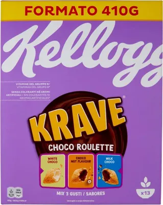 Produktbild von 6x Kellogg's Krave Choco Roulette Cerealien Weizen-, Hafer- und Reisbündel mit Milchschokoladenfüllung 410g