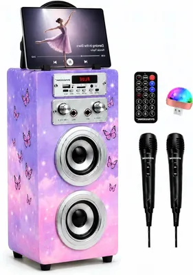 Immagine prodotto di Kit karaoke - Altoparlante portatile - Musica e canto - Due microfoni - 1 chilogrammo - Viola