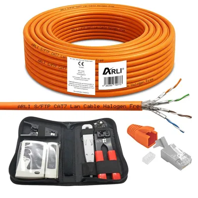 Produktbild von ARLI 50 m Cat7 Verlegekabel + 20x RJ45 Stecker + Netzwerk Werkzeugset Crimpzange LSA Netzwerktester Abisolierer Ethernet LSZH