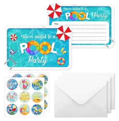 Imagen del producto de Tarjetas de invitación para fiestas de cumpleaños infantiles, paquete de 12 unidades, con sobres y pegatinas, para fiestas en la piscina