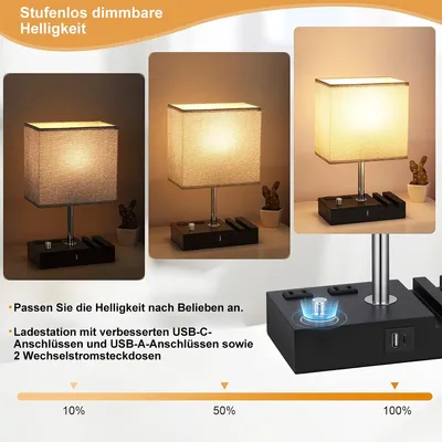 Produktbild von Moderne Tischlampe für den Nachttisch, mit Touch-Bedienung, zwei USB-Anschlüssen und integrierter Handyhalterung