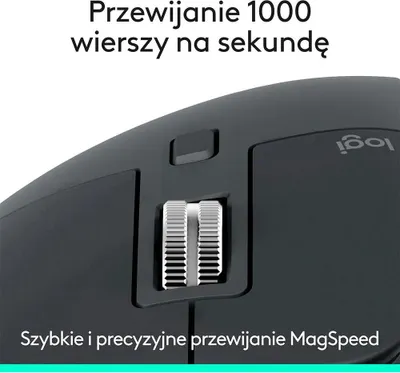 Close-up of a dark gray computer mouse with a prominent scroll wheel and the Logitech logo.