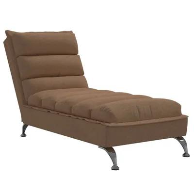 A brown fabric chaise lounge with metal legs, shown from a side-angle against a white background.
