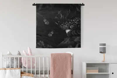 Produktbild von MuchoWow® Wandteppich Wandbehang Schmetterlinge - Pflanzen - Dschungel - Schwarz - Weiß 90x90 cm Tapisserie Dekoration Wandtuch - Wandaufhänger