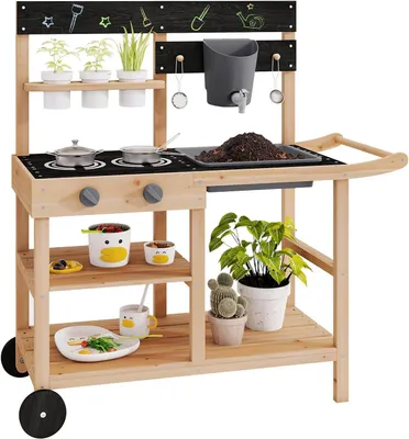 Obrázek produktu pro KOMFOTTEU Dřevěná kuchyňka pro děti, venkovní použití, s kolečky a madly, přírodní design