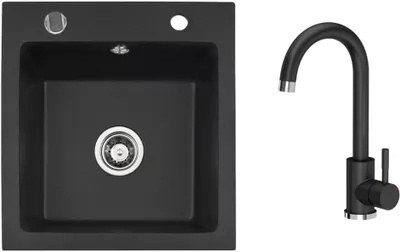 Produktbild von VBChome Granitspüle 50 x 48 cm Schwarz mit Armatur Einzelbecken Einbauspüle Gesprenkelt Pflegeleichtes Spülbecken mit Siphon Ideal für kleine Küchen