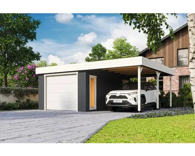 Produktbild von Lasita Maja Gartenhaus / Gerätehaus / Garage Bahamas Set Mit Sektionaltor Carbongrau - Neu!, Farbe:carbongrau, Dachform:Pultdach