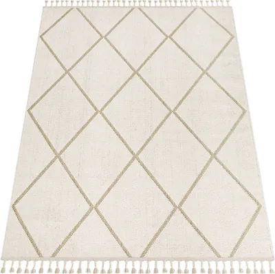 Produktbild von Teppich Wohnzimmer Kurzflor Skandi Boho Muster Geometrisch Einfarbig Fransen Grösse 160x220 cm