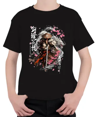 Productafbeelding van Samurai, Ronin, Draak, Kersenbloesem, Katana, Japan, Y2K, Bushido, Shogun, Kinder T-shirt, Zwart, Maat 140