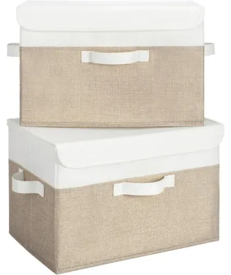 Obrázok produktu pre Úložné boxy s vekom, 2 kusy, skladacie, látkové, bielo-hnedé, 40x26x25,5 cm