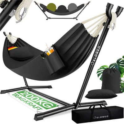 Produktbild von ELONEO Hängematte für 2 Personen mit Gestell, 200 kg, höhenverstellbar, inkl. Kissen & Tragetasche, Indoor/Outdoor - Anthrazit