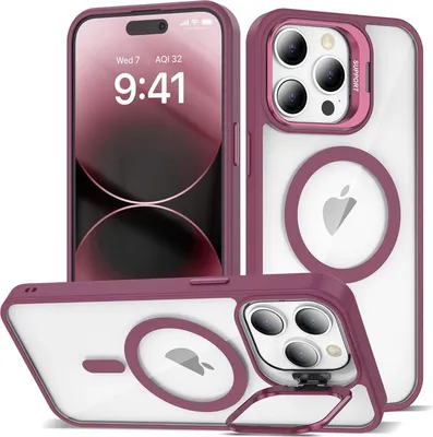 Produktbild von Magnetisch Hülle für iPhone 13, Kompatibel mit MagSafe, Transparent Rückseite TPU Bumper Handyhülle mit Kameraständer Rot