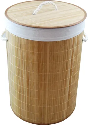 Produktbild von Wäschekorb Wäschetruhe Bambus beige faltbar m. Bezug Deckel Hangriff rund D.39 H.57