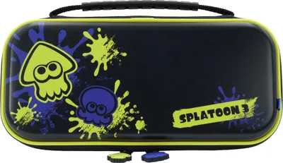 A black carrying case with yellow trim and Splatoon 3 graphics.