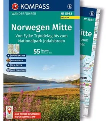 Obrázok produktu pre KOMPASS Wanderführer Norwegen Mitte, von Fylke Trøndelag bis zum Nationalpark Jodalsbreen, 55 Touren mit Extra-Tourenkarte