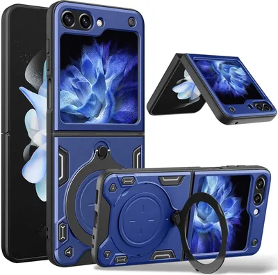 Obrázek produktu pro Pouzdro pro Samsung Galaxy Z Flip 5 dvojvrstvé odolné pouzdro s ochranným krytem kamery a kruhovým stojánkem na prsten modré