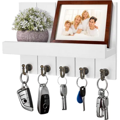 Produktbild von Schlüsselbrett mit Ablage, Holz, mit 5 Schlüsselhaken, für Eingangsbereich, Flur, Schlafzimmer, Wohnzimmer, weiß