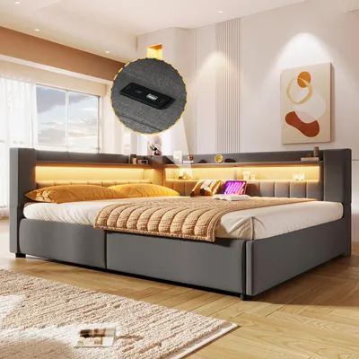 Produktbild von Daybett 140x200 cm mit hydraulischem Stauraum, Polsterbett, Tagesbett, Schlafsofa mit LED, USB & Rückenlehne, Leinen,Grau (ohne Matratze)