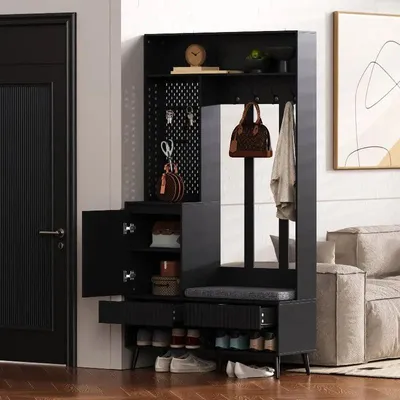 Image de Porte-manteau avec étagère à chaussures – Meuble d'entrée – Armoire de rangement – Banc à chaussures avec 4 crochets et 2 tiroirs