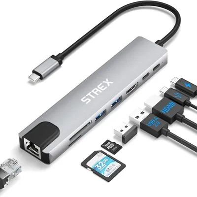 Productafbeelding van Strex 8 in 1 USB C Hub - Docking Station - USB Splitter - 4K HDMI - USB A - USB C - Ethernet - Micro SD - Geschikt voor Laptop, Macbook, Windows