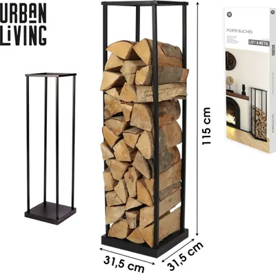 A product shot of a firewood rack filled with logs, next to an empty rack, with packaging in the background.