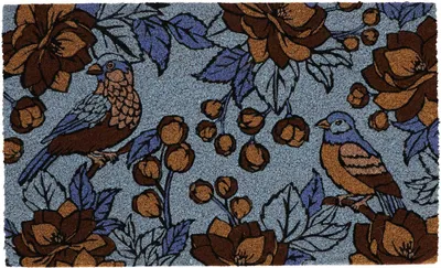 Produktbild von Esschert Design | Fußmatte - Türmatte - Sauberlaufmatte - braun - blau - 75 x 45 cm - aus Kokosfaser - Fußabtreter - mit Vogel und Blumenmotiv - für Schuhe