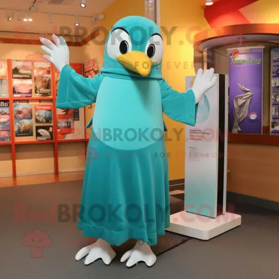 Produktbild von Blaugrüner REDBROKOLY Pinguin Maskottchen Kostüm charakter bekleidet mit einem Empire-Taillenkleid und Fußpolstern