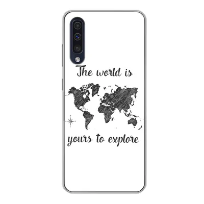 Produktbild von MuchoWow® Handyhülle Schutzhülle Hülle für Samsung Galaxy A50 Weltkarte - Schwarz - Sprichwörter Silikon Softcase Handy Hülle - Mobiltelefonhülle