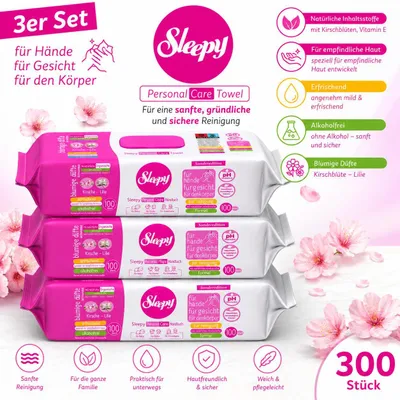 Produktbild von Sleepy Easy Clean Sensitive Feuchttücher Kirsche - Lilie 3x100 Tücher – für Babys, Kinder & Erwachsene – alkoholfrei, pH-hautneutral, hypoallergen, sanfte Reinigung für Hände, Gesicht & Körper