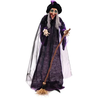 Zdjęcie produktu dla Animowana wiedźma, 175 cm figurka na Halloween - głowa się porusza, efekt dźwiękowy, oczy się świecą - do postawienia