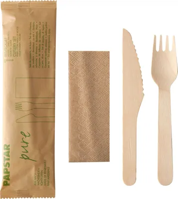 Produktbild von 50 Sada příborů, dřevo "pure" : nůž, vidlička, ubrousek v papírovém sáčku