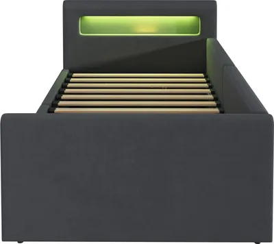 Immagine prodotto di letto imbottito okwish 90×200 con luce LED e luce notturna, letto per bambini con porta di ricarica USB e spazio di archiviazione, letto singolo con ripiano, senza materasso, tessuto di velluto, grigio