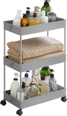 Immagine prodotto di Carrello da cucina - Carrello portaoggetti con 3 ripiani - Su ruote - Stretto - 42 x 23,5 x 60,5 cm - Con ganci