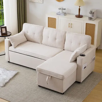 Produktbild von Odikalo Schlafsofa L-form Lounge Sofa Sessel Ausziehbar Stauraum Becherhalter Beige