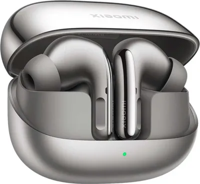 A pair of silver wireless earbuds in their charging case.