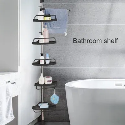 Immagine prodotto di Uniqoos® Scaffale angolare per il bagno, senza necessità di foratura – scaffale angolare regolabile per la doccia con 5 ripiani, porta asciugamani, asta telescopica, acciaio inossidabile e plastica