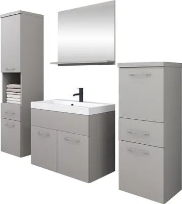 Produktbild von MIRJAN24 Badmöbel-Set Alba, Badezimmer-Set mit Spiegel und Waschbecken (Farbe: Palladgrau, mit Siphon)