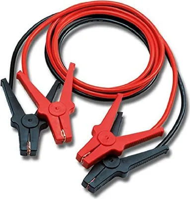 A pair of red and black jumper cables coiled on a white background.